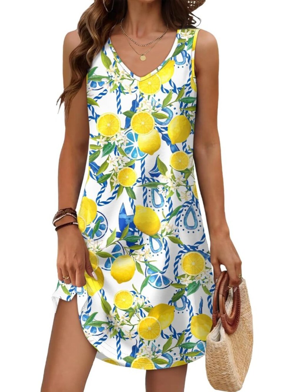 Women's Summer Dress Lemon V Neck Sleeveless Dress Sundresses Swimsuit Coverup